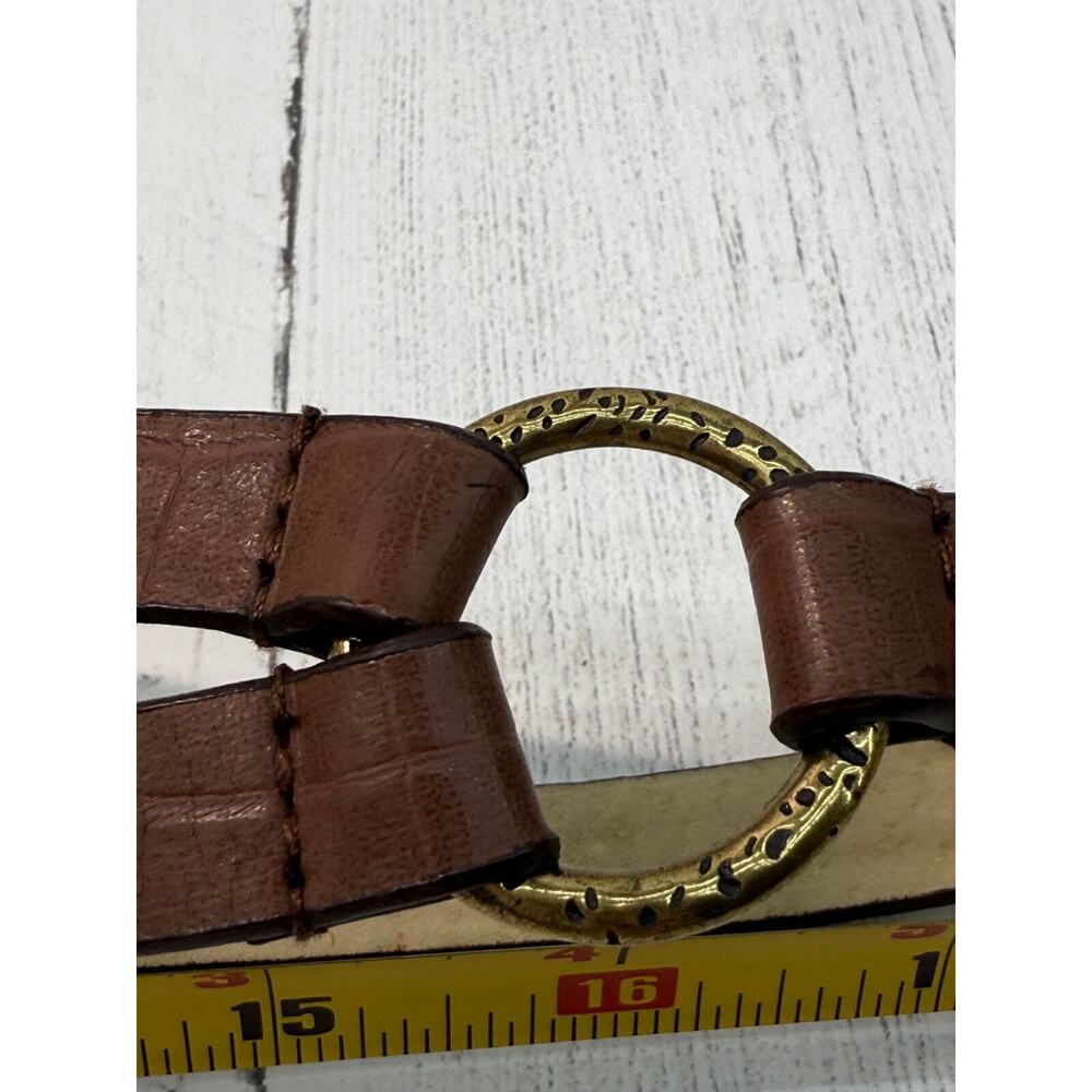 Chico's Hammered Brass Brown Leather Adjustable Belt Artsy Boho Small Medium - Picture 10 of 14